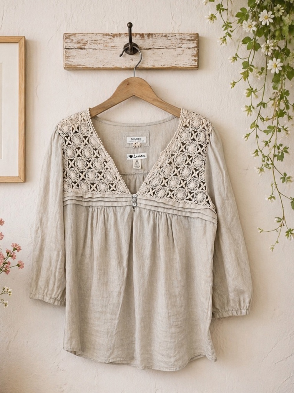 Malvin Germany 100% Linen I Love Linen Lace Front Top